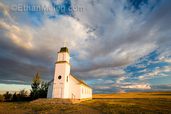 Church in prairie landscape, southern Saskatchewan.